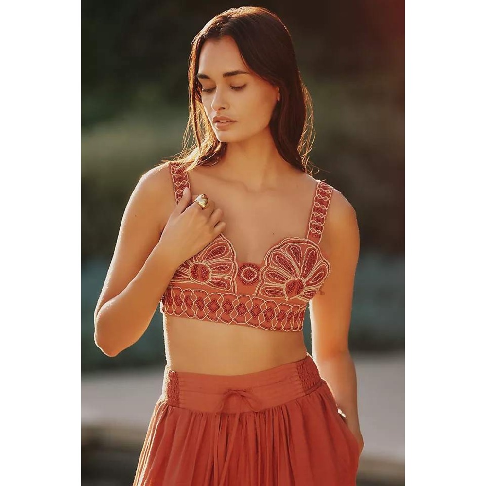 Anthropologie Celandine NEW Rust Beaded Shell Crop Beaded Bralette Top LARGE